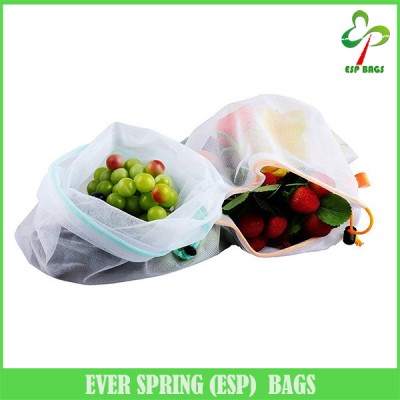 Set of 5 premium reusable mesh produce bags with drawstring, breathable eco friendly net bags for vegetables and fruits